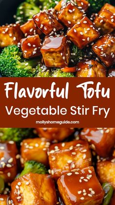 tofu and broccoli with sesame seeds on top in a skillet text reads, flavorful tofu vegetable stir fry