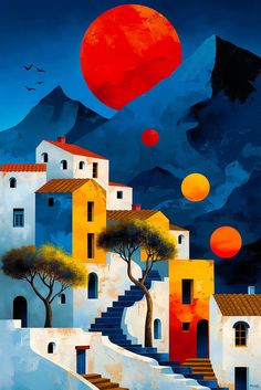 a painting of some buildings and trees in front of a red sun over the mountains