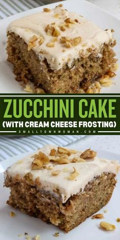 two pictures of zucchini cake with cream cheese frosting and nuts on top