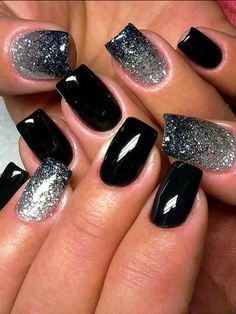 Black nail polish with sparkles, Evening dress nails, Fashion nails 2016, Glitter nails, Gradient nails 2016, Luxurious nails, Medium nails, Rich nails Silver Nail Designs, Nagel Design, Nails With Glitter, Cute Nail Polish, Simple Nail Art Designs