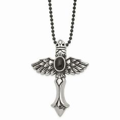 Stainless Steel Antiqued Cross w/Wings & Black Stone 24in Necklace. Finish:Antiqued|Stone Color_1:Black|Stone Quantity_1:1|Length of Item:24 in|Chain Length:24 in|Chain Width:3 mm|Charm/Element Length:67 mm|Charm/Element Width:51 mm|Clasp /Connector:Lobster (Fancy)|Material: Primary:Stainless Steel|Stone Shape_1:Oval|Item Weight U/M:gm|Width of Item:51 mm|Product Type:Jewelry|Jewelry Type:Necklaces|Sold By Unit:Each|Necklace Type:Necklace with Pendants|Gender:Men's|Material: Primary - Color:White|Men's Type:Necklaces|Stone Cut_1:Cabochon|Stone Type (Other)_1:Synthetic Agate Size: Length: 24 inch - Width: 51 mm.  Color: Metal Type.  Gender: unisex.  Age Group: adult. Necklaces Stone, Wings Black, Necklace Chain Types, Medical Jewelry, Sports Jewelry, Antique Stone, School Jewelry, Coin Jewelry, Black Agate