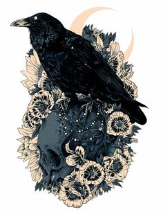 a black bird sitting on top of a skull surrounded by flowers