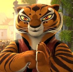 an animated tiger is standing in front of a crowd with his hands folded up to the side