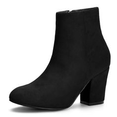 This boot features a blocked heel, ankle strap decor, side zipper for easy on and off, and rounded toe design. Easy to pair with jeans or dresses for a casual look. These shoes can be worn on a special occasion or a date. Vamp: Faux Suede; Outsole: Rubber; Heel: ABS. Please check the size measurement chart before ordering. Christmas Party Shoes, Party Shoes Women, Western Dress With Boots, Casual Halloween, Chunky Ankle Boots, Chunky Heel Ankle Boots, Womens Chunky Heels, Ankle Boots Black, Block Heel Ankle Boots