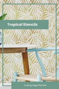 an image of a table and chairs with tropical stencils