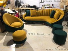 an assortment of furniture is displayed in a showroom, including sofas and chairs