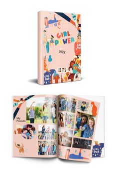 an open photo book with pictures and text on the front, inside and out of it