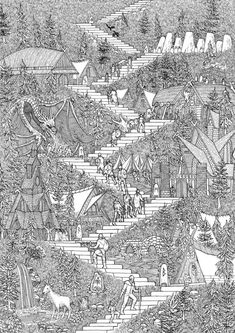 a black and white drawing of people walking up steps in front of tents with trees