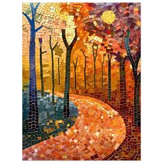 a mosaic painting with trees and water in the middle, surrounded by oranges and browns