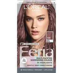 L'Oreal Paris Feria Permanent Hair Color, 721 Dusty Mauve, Inspired by fashion, Feria offers a twist on the traditional and gives edgy hair colors from bright red, platinum blonde, rose gold, and metallic brown, to blue-black hair color, these hair dye kits will transform your hair. Feria's prismatic color spectrum is custom-blended by L'Oreal Paris master colorists for bold, head-turning shades - no appointment necessary. Packaging may vary, what you receive may not be what is reflected on site. Size: 2.75" x 3.50" x 6.50".  Color: Multicolor. Loreal Intense Deep Violet Hair Color, Loreal Hair Dye For Dark Hair, Temporary Hair Dye For Brown Hair, Gray Purple Hair Dye, Loreal Divine Wine, Best Rose Gold Hair Dye, Loreal Feria R48, Best Hair Dye For Thinning Hair, Loreal Magenta