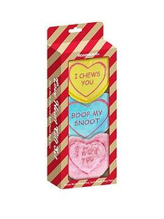 two heart shaped erasers in a box with the words i chew you on them