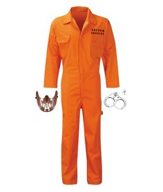 an orange jumpsuit with handcuffs and ring on the chest, in front of a white background