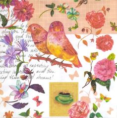 2 red and yellow birds on a stick with red and pink blossoms  a green cup of coffee and script Decoupage Napkins Decorative Paper Napkins, Napkins Paper, Napkin Decoupage, Paper Napkins For Decoupage, Decoupage Napkins, Decorative Napkins, Decorative Paper, Decoupage Paper, Paper Napkins