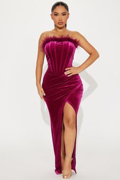 Available In Magenta. Velvet Gown Strapless Feather Trim Corset Waist High Slit Hidden Back Zipper Lined Stretch Self: 95% Polyester 5% Spandex Lining: 100% Polyester Imported California Proposition 65 WARNING: Cancer and Reproductive Harm - www.P65Warnings.ca.gov. | Angelica Feather Trim Velvet Gown Dress in Magenta size Medium by Fashion Nova Magenta Velvet, Velvet Dressing Gown, Magenta Dress, Corset Waist, Velvet Gown, Feather Trim, Gown Dress, Matching Dresses, Active Wear For Women