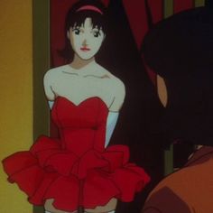 an animated image of a woman in a red dress