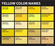 chart of 20 yellow shades with color names and hex codes. Colour Codes, Color Highlights