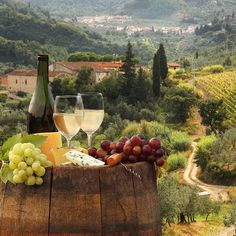 two glasses of wine, cheese and grapes sit on an old barrel in the countryside