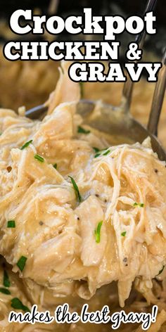 Shredded chicken with gravy in crockpot served with ladle. With Pinterest overlay. Crockpot Chicken And Gravy, Chicken And Gravy, Slow Cooker Meal, Serve Over Rice, Chicken Crockpot Recipes Easy, Chicken Gravy, Crockpot Dishes, Easy Slow Cooker Recipes