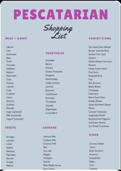 a menu with the words pescatarian shopping list