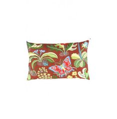 a red and green pillow with butterflies on the front, sitting against a white background