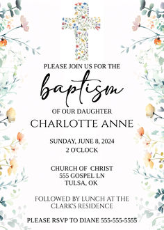 Welcome loved ones to celebrate your child's special day with our spring flower baptism invitation template. This beautiful design features vibrant spring flowers, making it perfect for a fresh and joyful baptism or christening ceremony. Personalize the invitation with your event details and choose to print it at home or send it digitally. #baptism #baptisminvite #baptismannouncement #diybaptism #custombaptisminvite #floralbaptism #floralinvite #religious #christianinvite #diyinvite #printable Invitation For Christening, Baptism Announcement, Baptism Decor, Baptism Invitation Template, Christening Invitation, Churches Of Christ, Baptism Invitations, Custom Templates