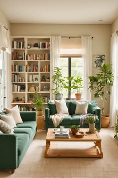 a living room filled with lots of furniture and bookshelves next to a window