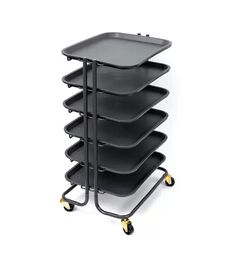 a black tray on wheels with five trays