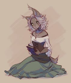 a drawing of a woman with white hair wearing a dress and holding a book in her hands