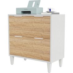 a white and wood dresser with a printer on top