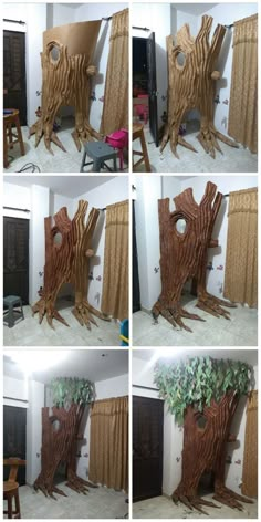 four different pictures of a tree that is made out of wood