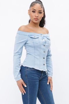 OFF THE SHOULDERS LONG SLEEVE DENIM TOP MADE IN VIETNAM 42%COTTON 28%RAYON 2%SPANDEX S/M/L(2-2-2) Light Denim, Denim Top, Jeggings, Off Shoulder Blouse, Off The Shoulder, Vietnam, Off Shoulder, Ruffle Blouse, Spandex