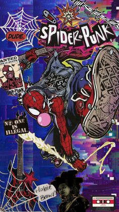 a person holding an umbrella in front of a wall with spider - punk on it