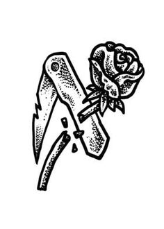 a black and white drawing of a knife with a rose on it