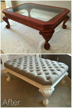 a coffee table that has been turned into a bench with glass top and legs, before and after