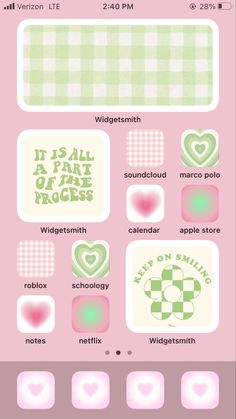 a pink and green wallpaper with hearts, squares, and other things on it