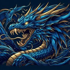 a blue and gold dragon with its mouth open