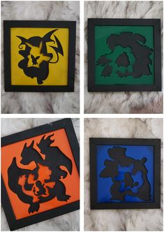 four different colored paper cut outs in black, orange, and green on a white furnishing