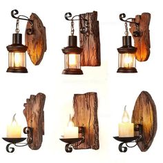 four different types of wall lights made out of wood