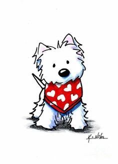 a drawing of a white dog wearing a red bandana with hearts on it's collar