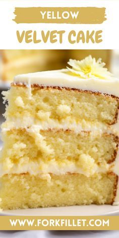 a close up of a slice of cake on a plate with the words yellow velvet cake