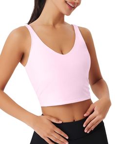 PRICES MAY VARY. ♥MATERIAL of Womens Sports Bras: 80% Nylon,20% Spandex. The Workout Tops Sport Bra is soft, 4-way high-stretch fabric, of moderate thickness and breathable, skin-friendly, lightweight, quick dry, double-sided, Moisture-wicking and on-trend athletic. Workout tank top keeps cool by air circulate, maintains shape and color after wash and activewear. There’s enough underarm room of the elastic crop top for exercise. This long line supportive bra top has a skin-like fit, feels like n Shirts With Built In Bras, Yoga Top, Pink Bra-friendly Tank Top For Light Exercise, Athletic Tops, Pink Workout Tops With Built-in Bra, Workout Pink Crop Top With Built-in Bra, Sports Bras, Sports Bra-friendly Pink Tank Top, Pink Compressive Tank Top For Workout