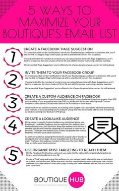 the 5 ways to minimize your boutique's email list infographical design, graphic design, facebook marketing, social media ads, how to use facebook, advertism, business, product launch, advertising, online, web, content,