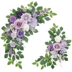 two wreaths with purple and white flowers on them