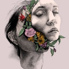 a drawing of a woman's face with flowers in her hair and leaves around her neck