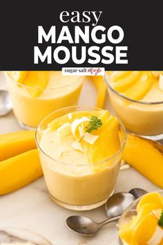 easy mango mousse in small glass bowls with spoons and bananas on the side