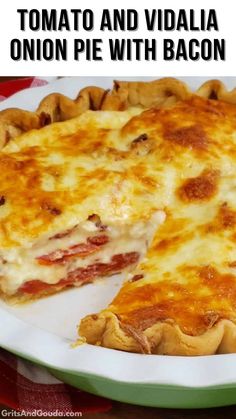 a close up of a pizza on a plate with the words tomato and vidalla onion pie with bacon