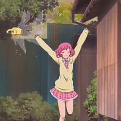 a girl with pink hair is holding her arms up in the air and flying birds