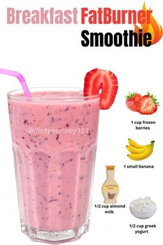 a pink smoothie in a glass with strawberries on the side and ingredients to make it