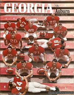 an old photo of football players in red uniforms on the bleachers and stairs