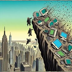 a man jumping over a cliff with lots of computers on it